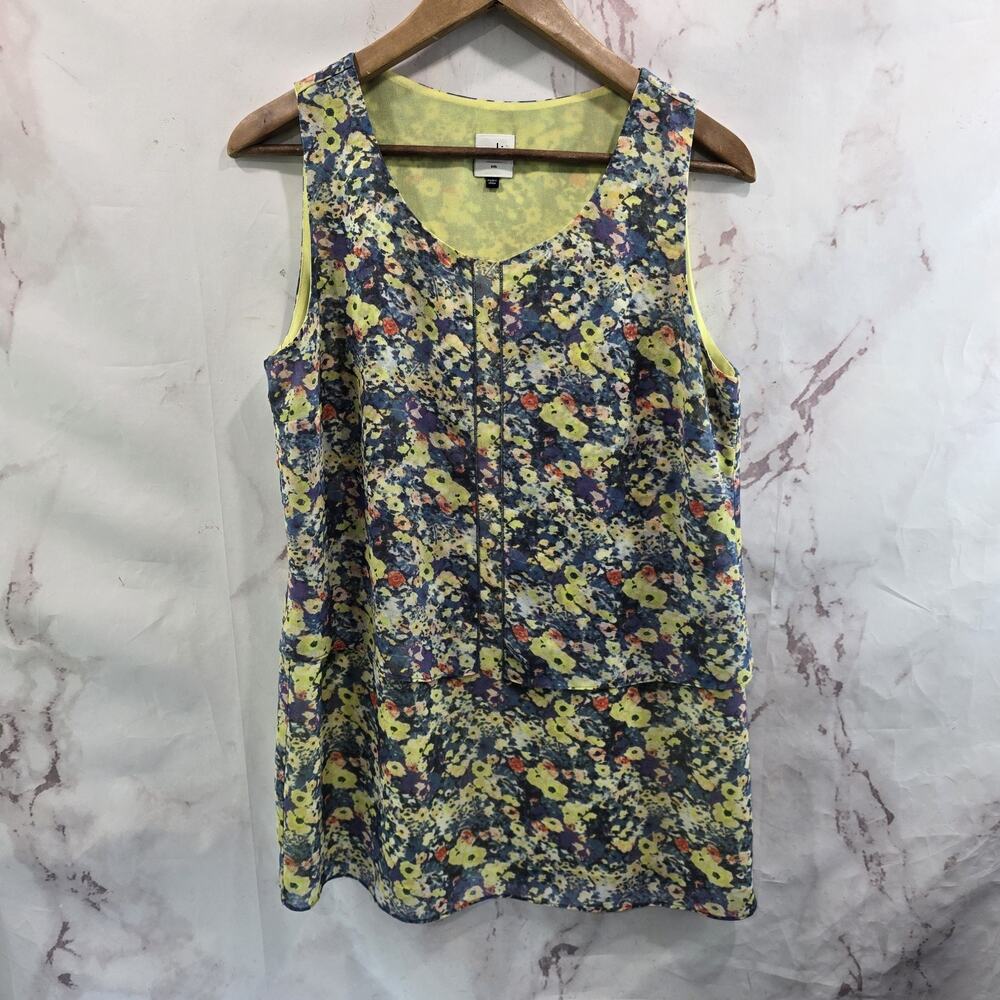 CAbi Shirt Womens Large Yellow Blue Tank Blouse Positano Layered Floral 5041